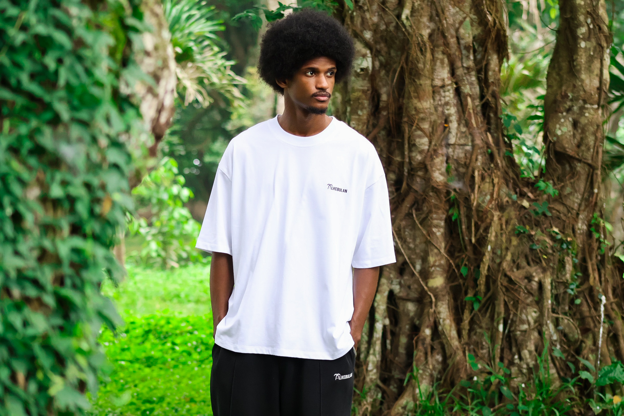 Alkebulan tee worn against the forest canopy